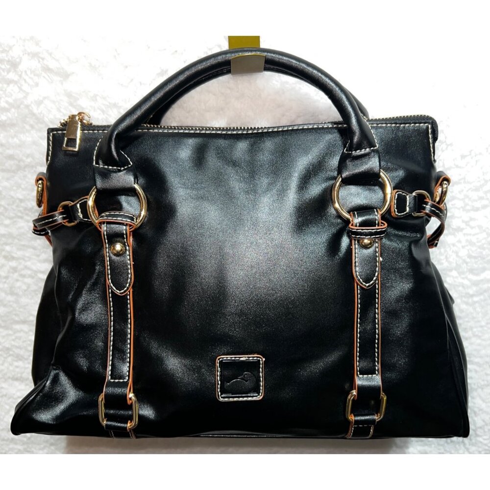 Black Leather Handbag w Gold Hardware & Tassel Accents Red Interior Pockets - Picture 2 of 9